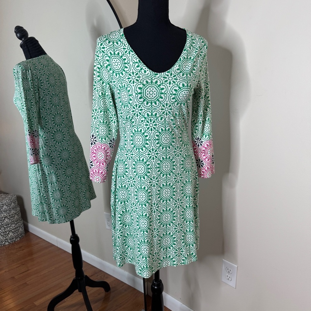 Boden Mandala Floral Jersey Dress Green Pink Size 4